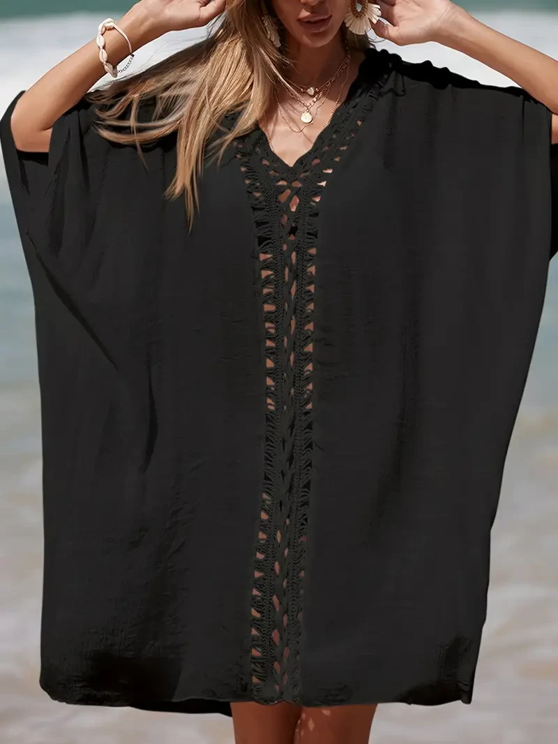 Crochet Hollow Out Batwing Sleeve Cover Up Dress, Plain White Loose Fit Elegant Beach Kaftan, Women's Swimwear & Clothing For Holiday