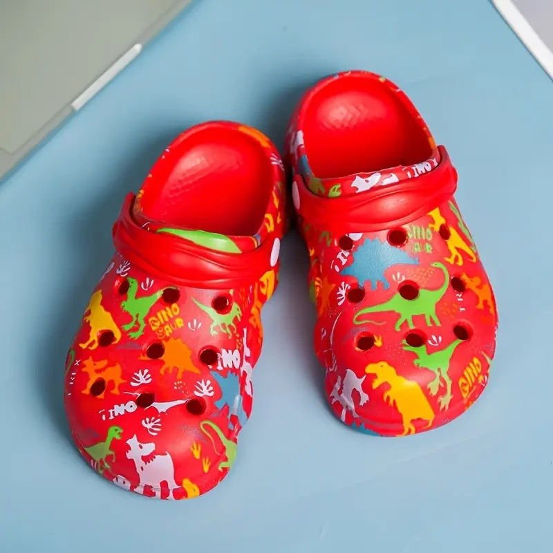Unisex Kid's Adorable Dinosaur Pattern Clogs, Comfy Non Slip Casual Soft Sole Breathable Hollow Out Slippers For Boy's & Girl's Outdoor Activities