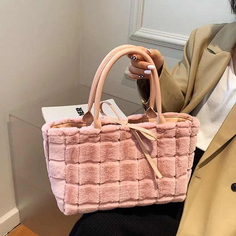 Sweet Small Square Bag Plush Plaid Portable Women