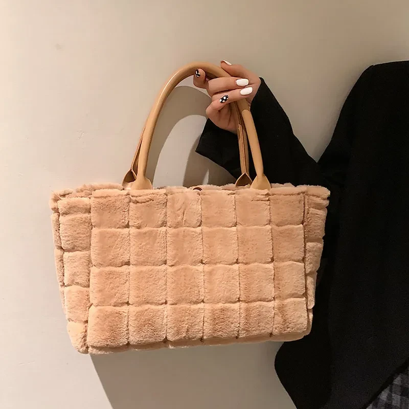 Sweet Small Square Bag Plush Plaid Portable Women