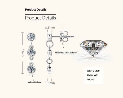 Temperament Wild Moissanite Stud Earrings Female Tassel Eardrops Special-interest Design High Sense S925 Sterling Silver Earrings Wholesale