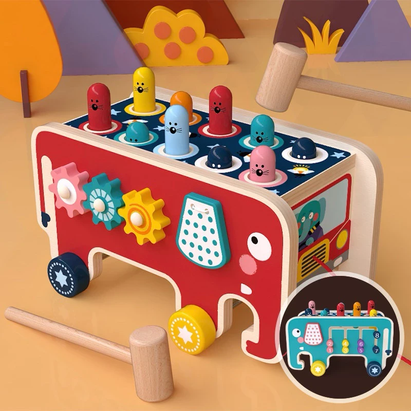 Kids Kingdom - Elephant Hitting Hamster Wooden Knock Toys / Pull Push Truck / Xylophone Wooden Kids Educational Toys