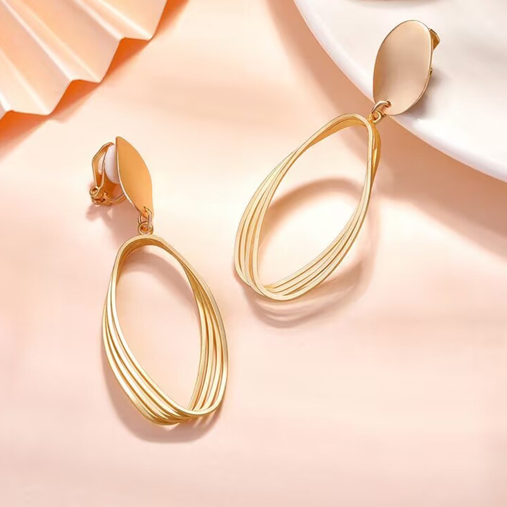 New Geometry Retro Metallic Gold Color Multiple Oval Pendant Clip Earrings