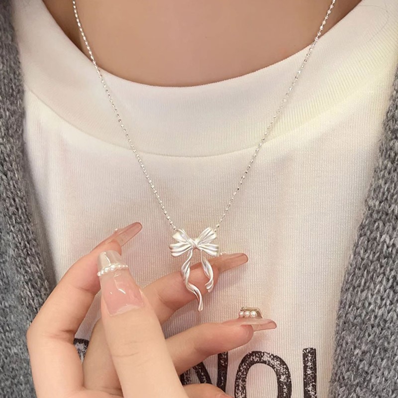New S925 Sterling Silver Elegant Bow Pendant Necklace