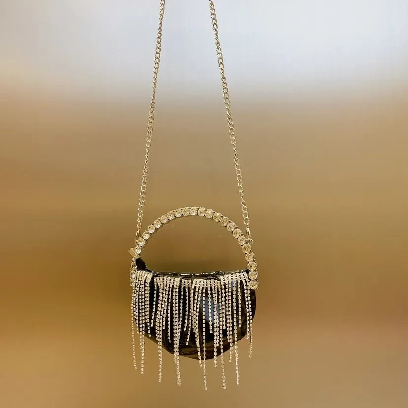 Rhinestone Tassel Pleated Mini Shoulder Messenger Bag