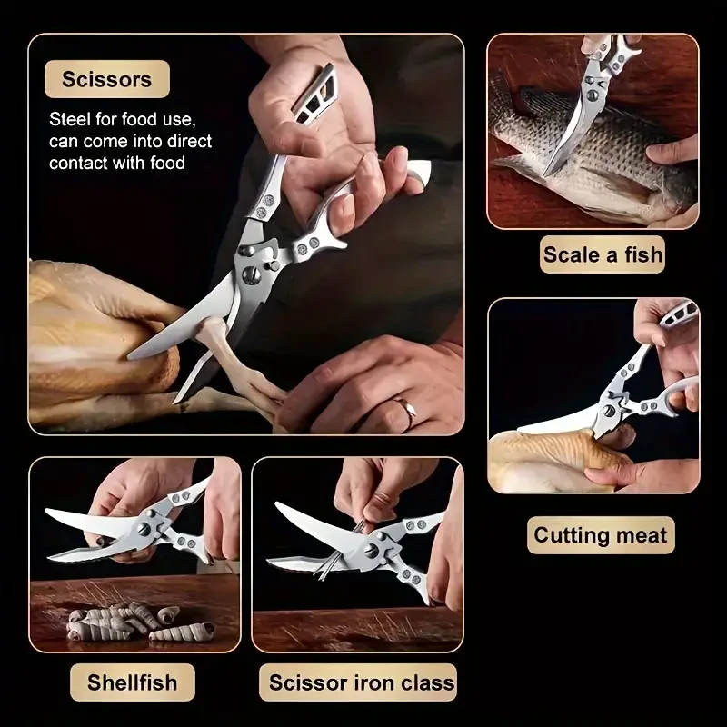 1pc Stainless Steel Kitchen Scissors, Effortless Rebound Scissors, for Fish, Meat, Chicken, Roasted Chicken, Vegetables, Various Kitchen Foods, Kitchen Tools, Household Scissors