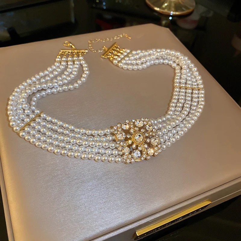 FYUAN Korean Style Multilayer Pearl Choker Necklace