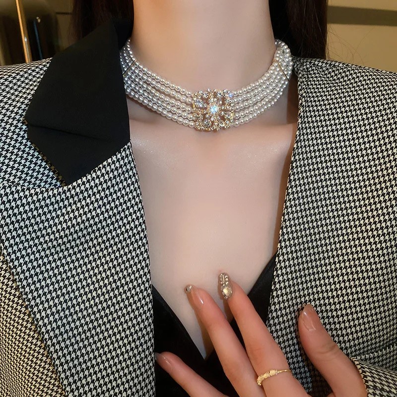 FYUAN Korean Style Multilayer Pearl Choker Necklace