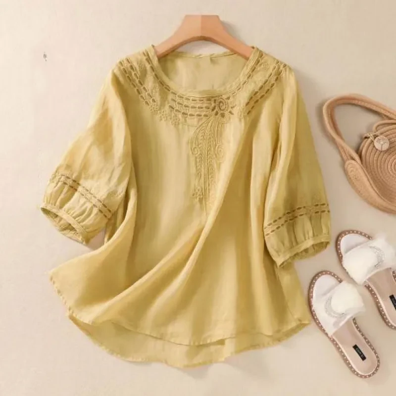 Artistic Vintage Cotton Linen Embroidered Shirt