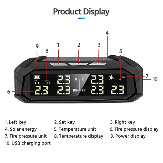 Solar External Tire Pressure Monitor 6 Tire RV Trucks