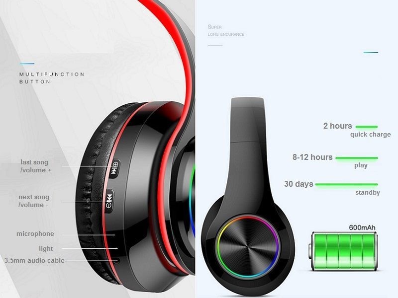 Wireless bluetooth Headphones Foldable LED