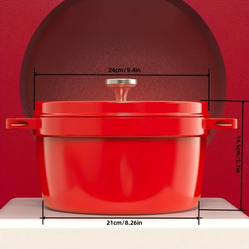 Cast Iron Stockpot with Lid, 4L, 24cm - Universal Gas Stovetop and Induction Compatible, Durable Red Soup Pot for Broth, Stew, and Cooking
