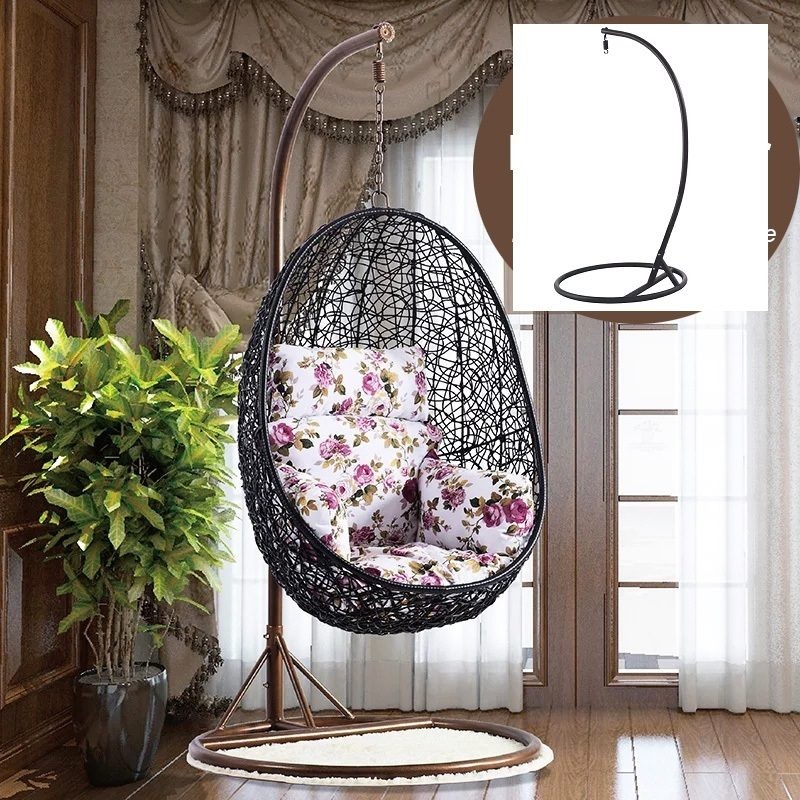 Hanging PE Rattan Swing Patio Garden Chair Weave Egg Cushion - Black