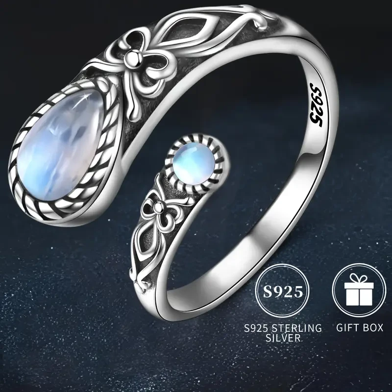 Vintage Boho Sterling Silver Moonstone Ring - Adjustable Spoon Band with Synthetic Stone,