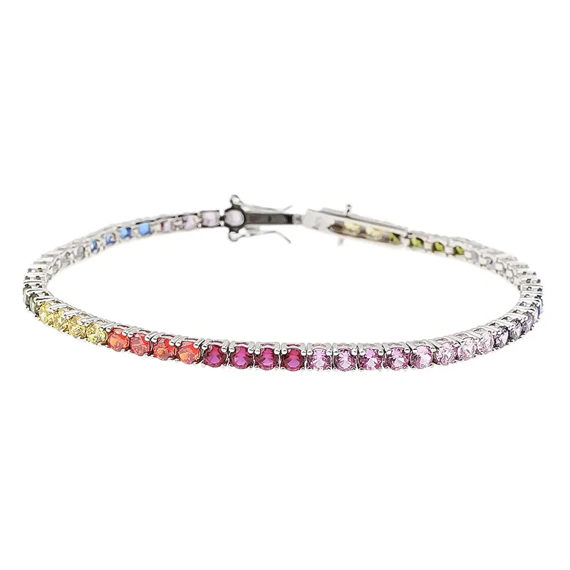 S925 Sterling Silver Multi-Color Zircon Tennis Bracelet – Round Diamond Design for Men and Women