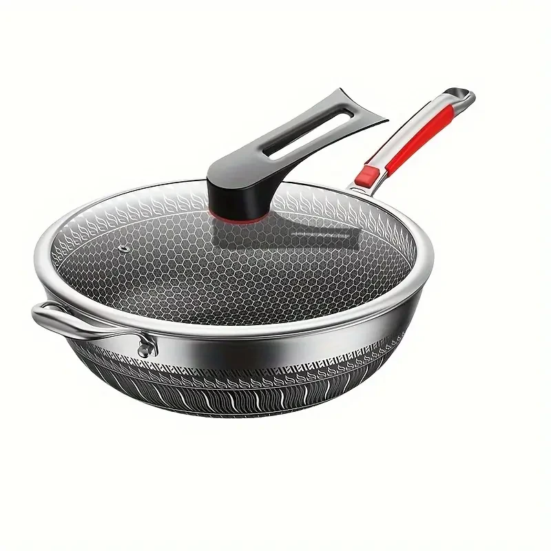 Stainless Steel Non-Stick Double-Sided Honeycomb Frying Pan with Glass Lid - 34.01 cm Uncharged Cookware Set