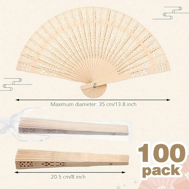 100 Pieces Wooden Hand Fans For Wedding Bulk Folding Handheld Fans With Gift Bags For Guests Vintage Chinese Fans Foldable Wood Fans For Baby Shower Favors Birthday Party Decorations