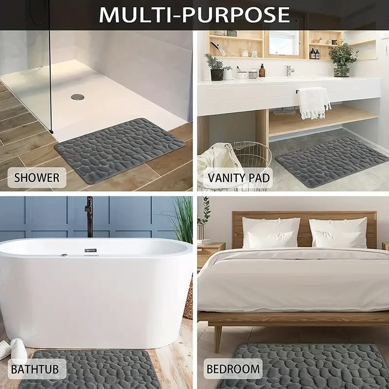 Non-Slip Memory Foam Bath Mat with Cobblestone Pattern â Quick Dry, Plush Polyester, Rubber Backing, Machine Washable Rug