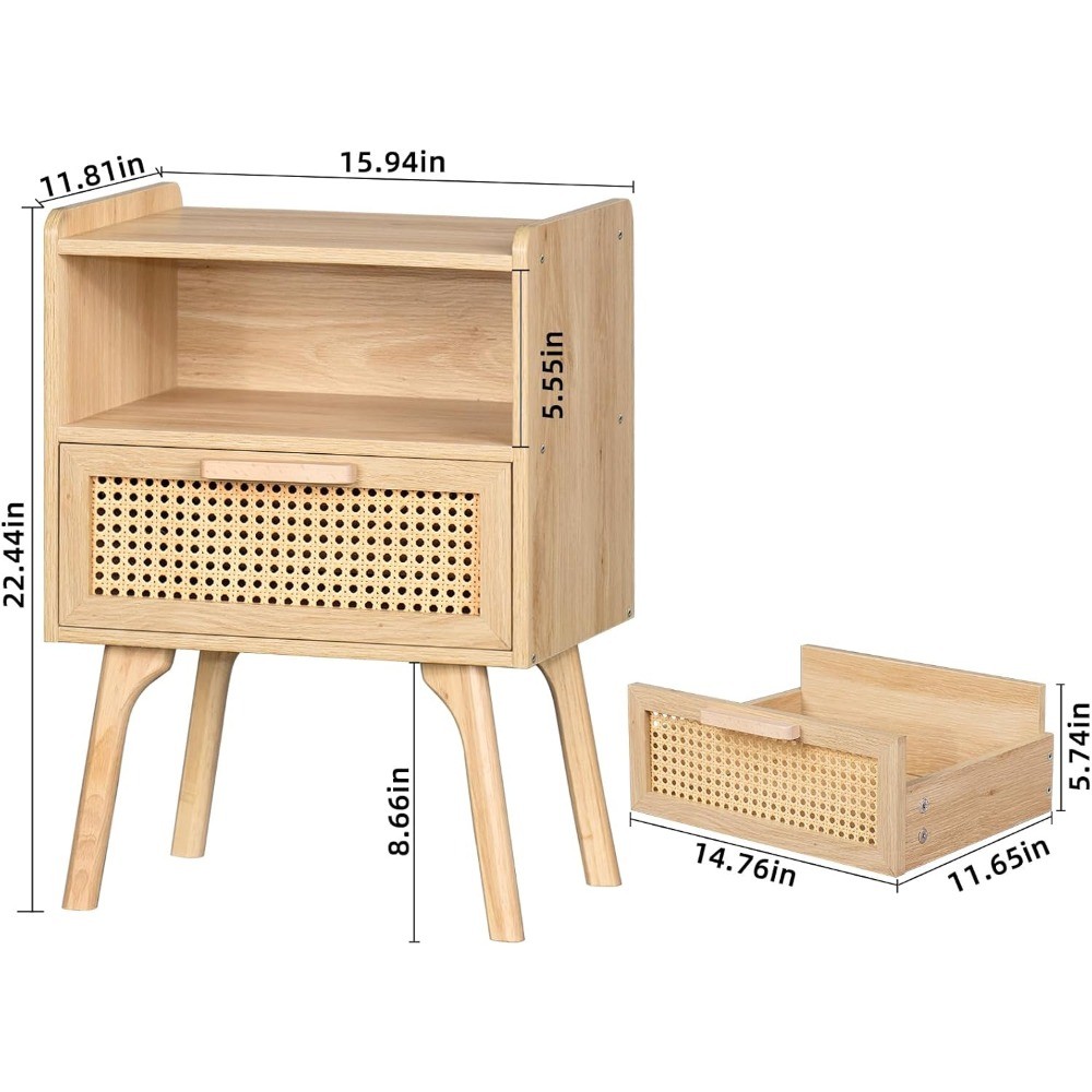Rattan Nightstands Set of 2 - Cane Accent Bedside End Table with Solid Wood Legs for Bedroom, Dorm, and Small Spaces