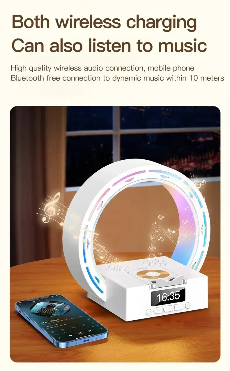 4 In 1 Wireless Bluetooth-compatible Speaker Charging Pad Bedside Lamp With Alarm Clock Wake-Up Light For Bedroom Support USB Drive TF Card