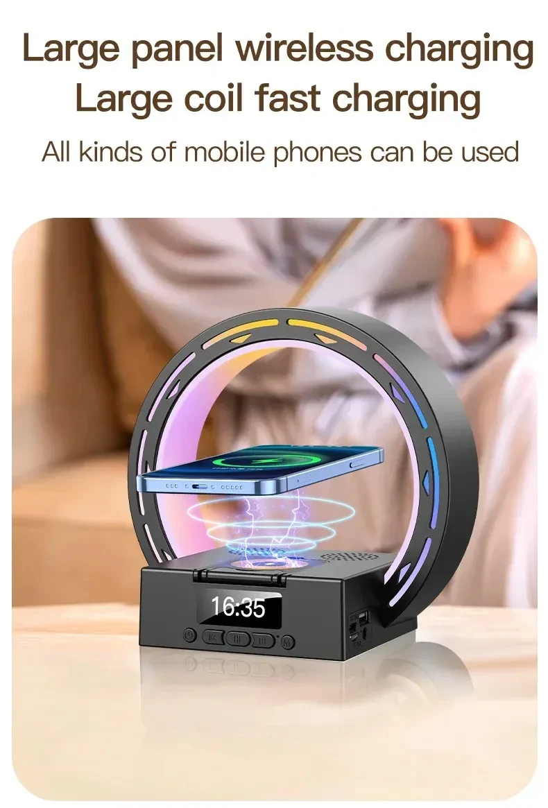 4 In 1 Wireless Bluetooth-compatible Speaker Charging Pad Bedside Lamp With Alarm Clock Wake-Up Light For Bedroom Support USB Drive TF Card