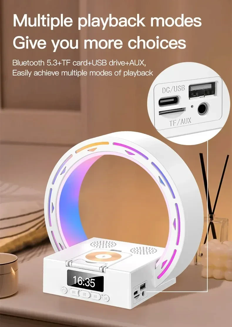 4 In 1 Wireless Bluetooth-compatible Speaker Charging Pad Bedside Lamp With Alarm Clock Wake-Up Light For Bedroom Support USB Drive TF Card