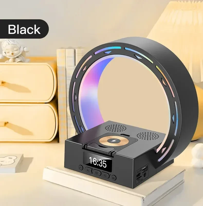 4 In 1 Wireless Bluetooth-compatible Speaker Charging Pad Bedside Lamp With Alarm Clock Wake-Up Light For Bedroom Support USB Drive TF Card