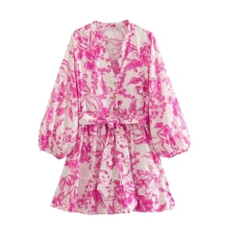 Printed Lace-up Nipped Waist Shorts Dress