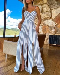 Women's Summer Lace-up Slit Striped Jumpsuit