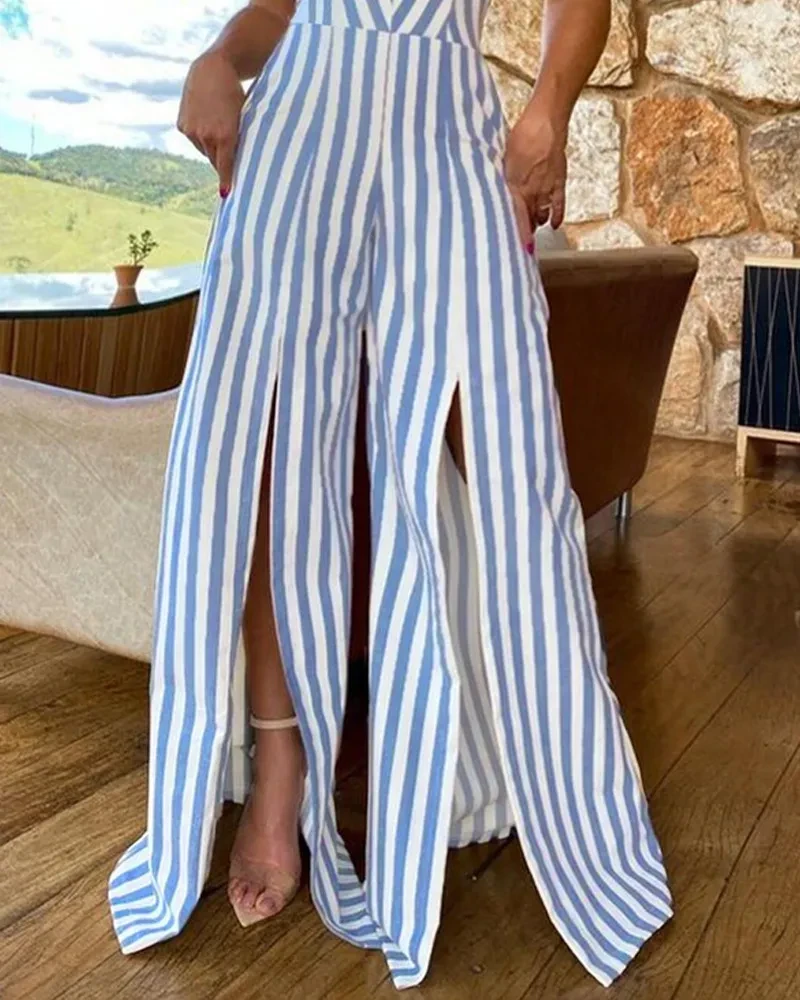 Women's Summer Lace-up Slit Striped Jumpsuit