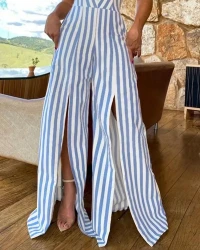 Women's Summer Lace-up Slit Striped Jumpsuit