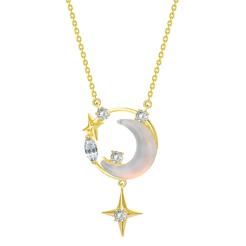 S925 Sterling Silver Star Moon Necklace Women's Light Luxury Minority Clavicle Chain