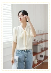 Bow Lace-up Polka Dots Short Sleeve Top