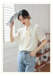 Bow Lace-up Polka Dots Short Sleeve Top