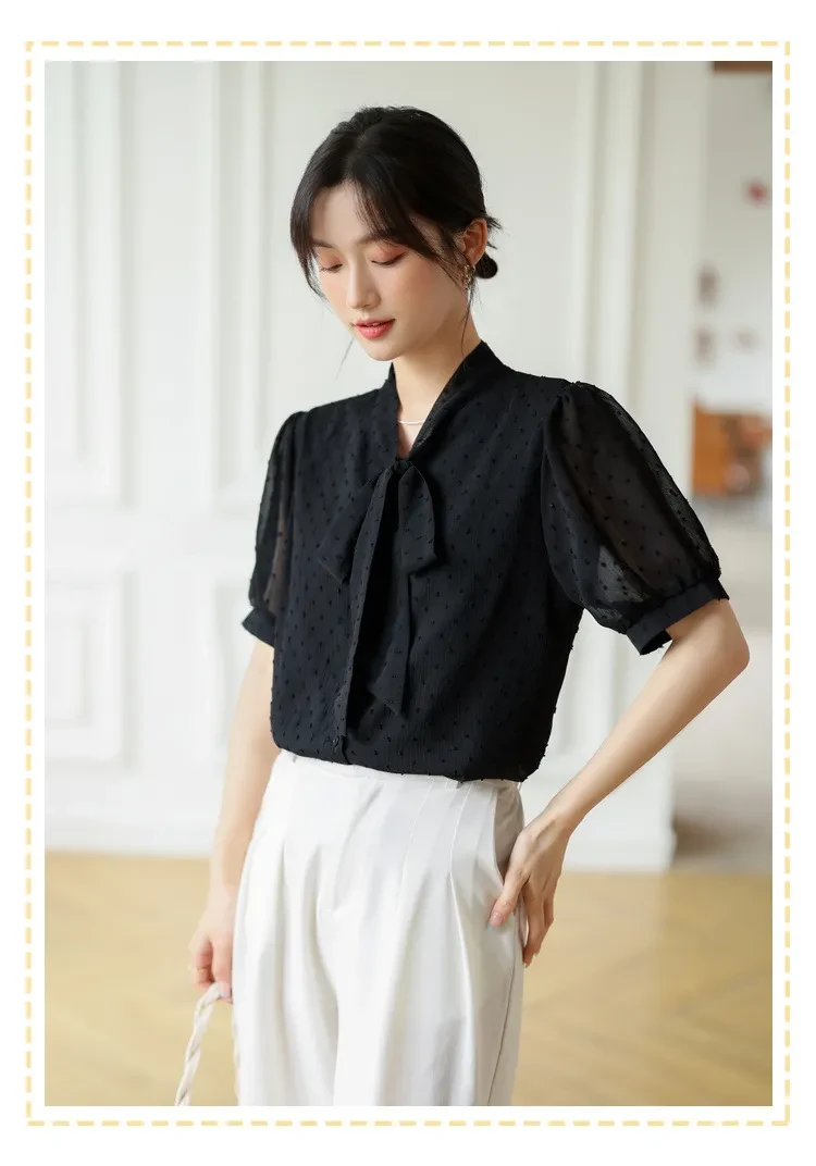 Bow Lace-up Polka Dots Short Sleeve Top