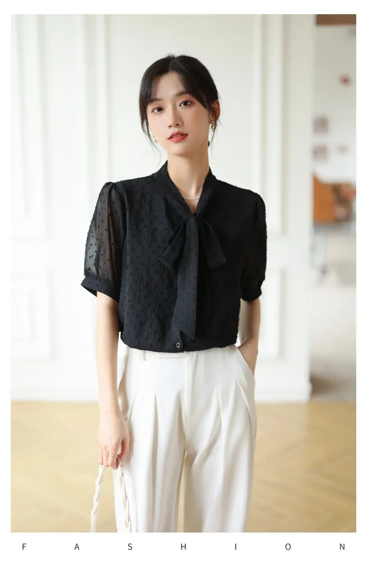 Bow Lace-up Polka Dots Short Sleeve Top