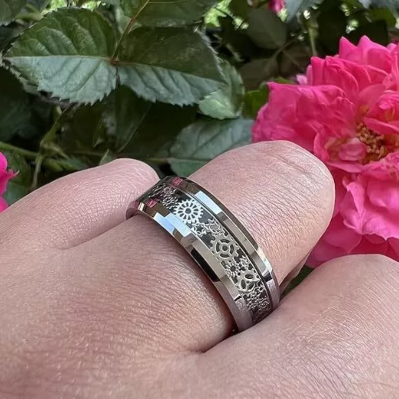 Mens Stainless Steel Ring with Carbon Fiber Inlay