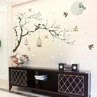 Chinese-Style Wall Stickers – Flying Birds & White Flowers