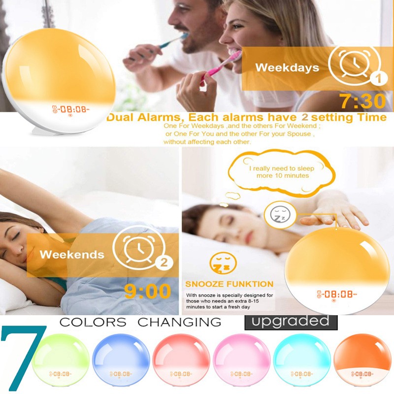 Wake Up Light Alarm Clock – Sunrise/Sunset Simulation, Dual Alarms, FM Radio, Nightlight with 7 Colors