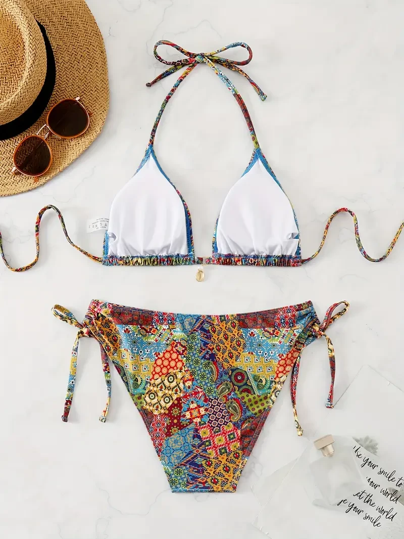 Allover Print Ethnic Style Triangle Halter Tie Strap Backless 2-Piece Set