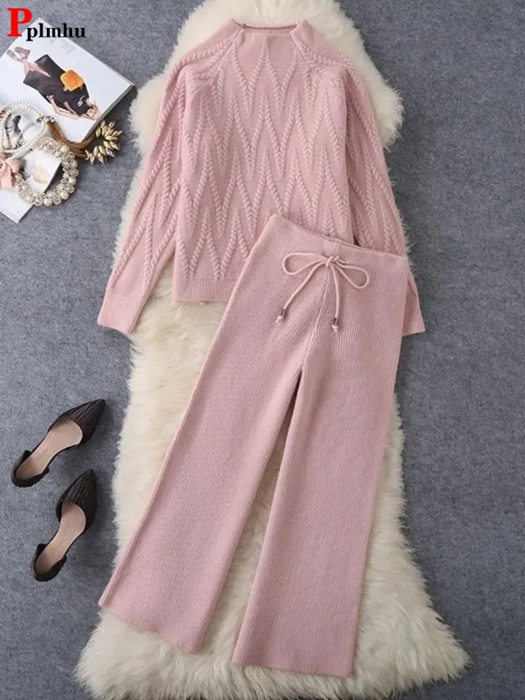 Fall Winter Knitted 2-Piece Set - Half Turtleneck Sweater & Wide Leg Pants Suit