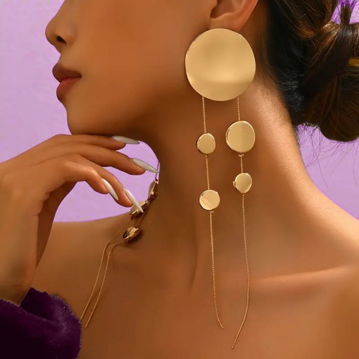 Leopard Print Disc Long Tassel Earrings For Women