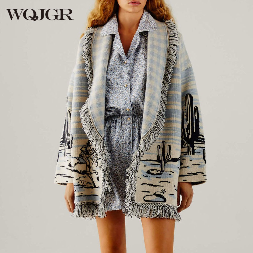 WQJGR Cardigan Sweater Women  Wool Knitted Tassel Doodle Jacquard Loose Full Sleeve High-Quality Cashmere Winter Jacket