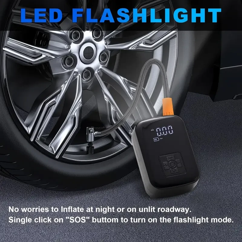 Digital Display Portable Air Compressor with USB Charging & LED Light