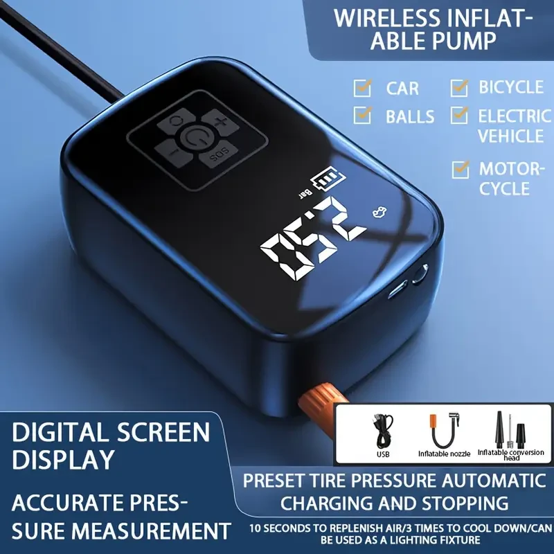 Digital Display Portable Air Compressor with USB Charging & LED Light