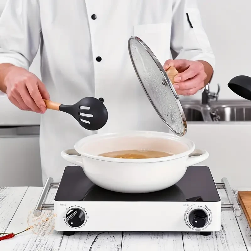 12pcs Silicone Kitchen Utensil Set with Wooden Handles - Heat Resistant, Non-Stick Cooking Tools Including Whisk, Spatulas, Ladle & More - Essential for Home and Restaurant Use, Silicone Cooking Utensils