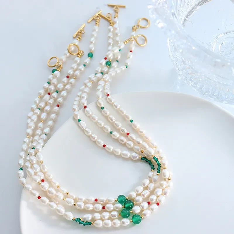Natural Agate Glass Stone Freshwater Stringed Pearls Necklace