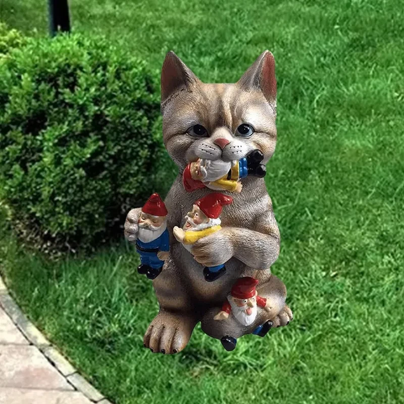 Cats Eat Dwarfs Statue Garden Ornament Art Resin Craft Landscaping Yard Sculptures Decoration For Home Garden