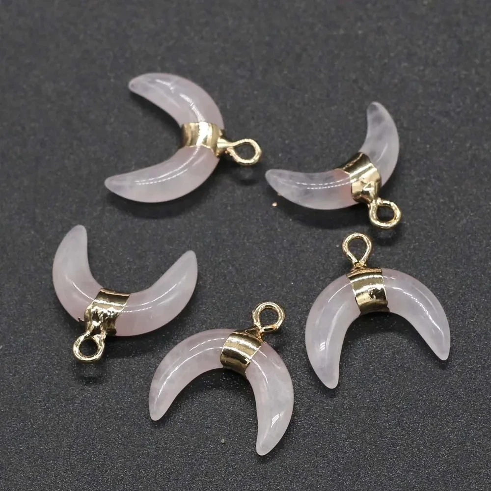 Natural Stone Semi-Precious Moon Shape Rose Quartz Pendant