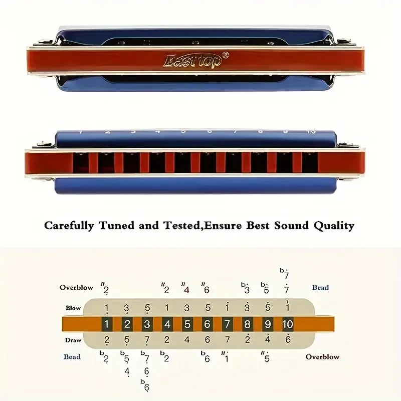 East Top Diatonic Blues Harmonica — 10-Hole, Key of C (Polished Metal, Blue) with Protective Case